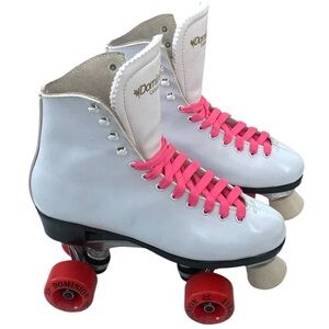 Dominion Esprit Vintage White Leather Red Wheel Rollerskates Sz 7